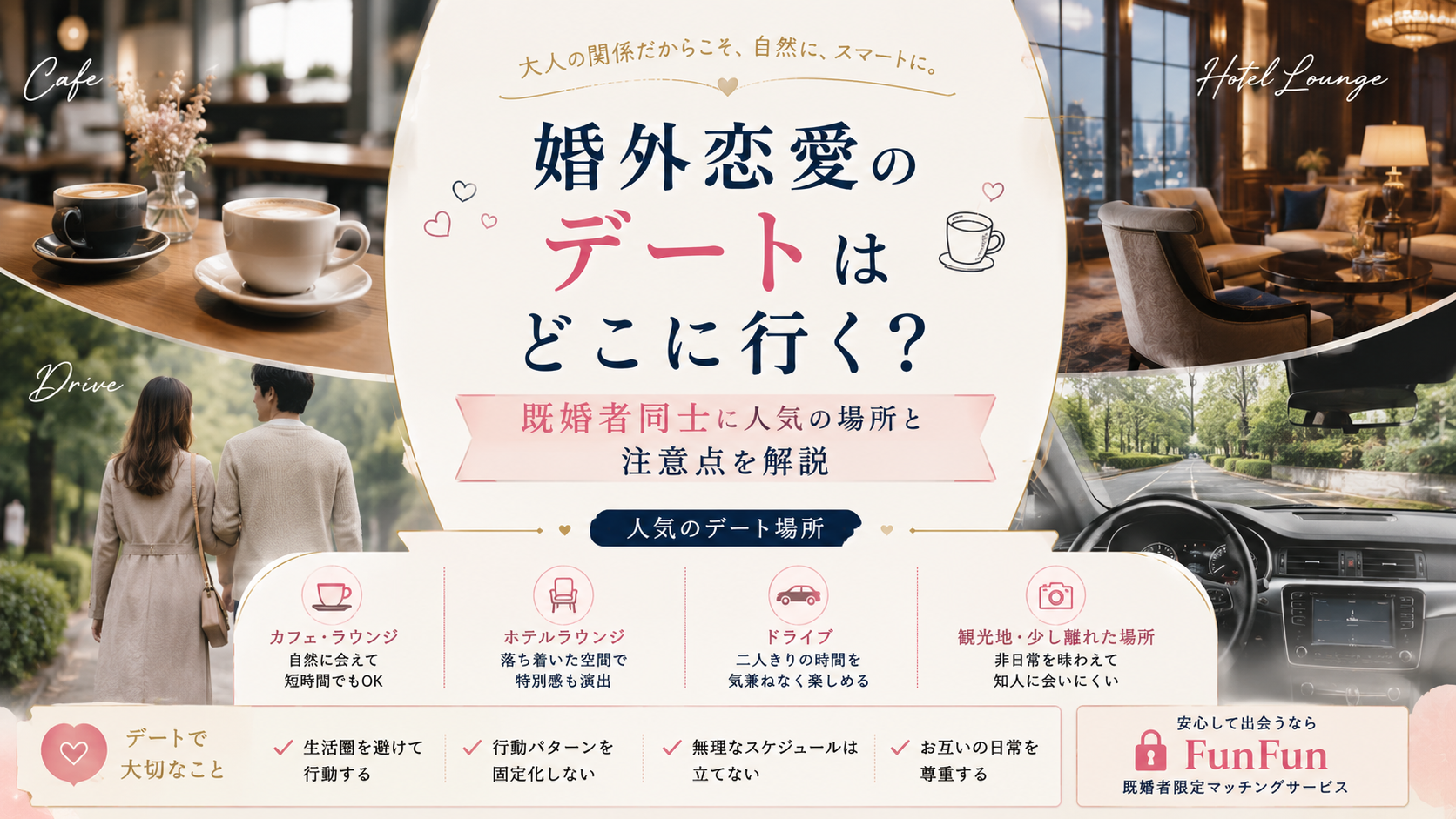 【既婚者デート】どこに行く？バレない場所の選び方と婚外恋愛デートの注意点を解説