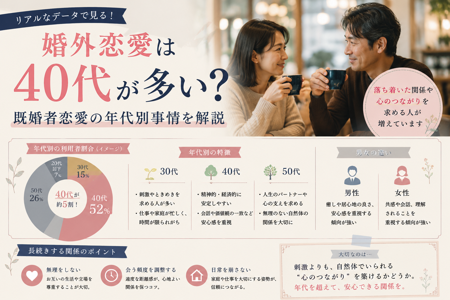 婚外恋愛は40代が多い理由5選｜年代別の特徴と男女の違いを解説