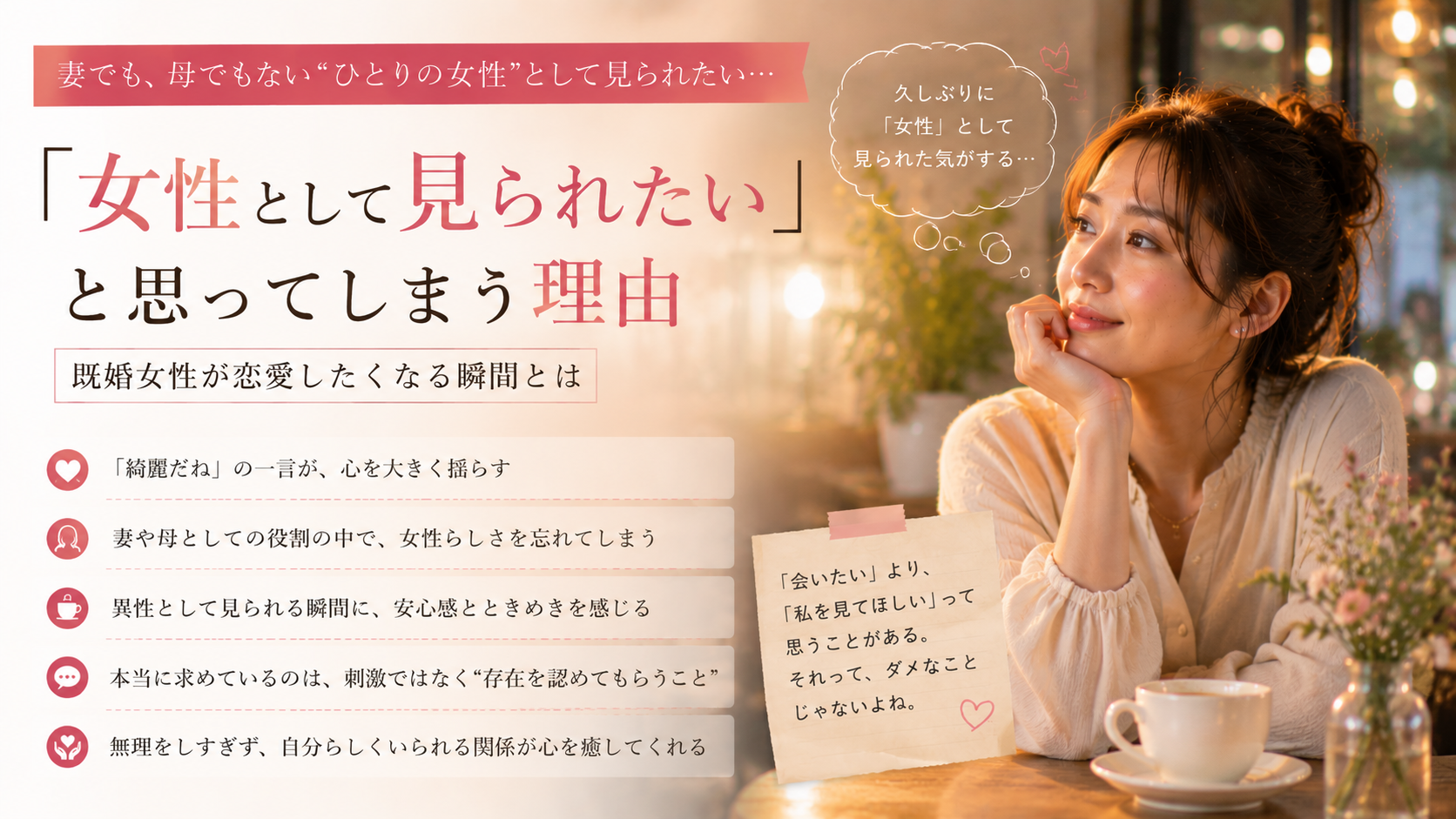 【「女性として見られたい」と思ってしまう理由】既婚女性が恋愛したくなる瞬間とは